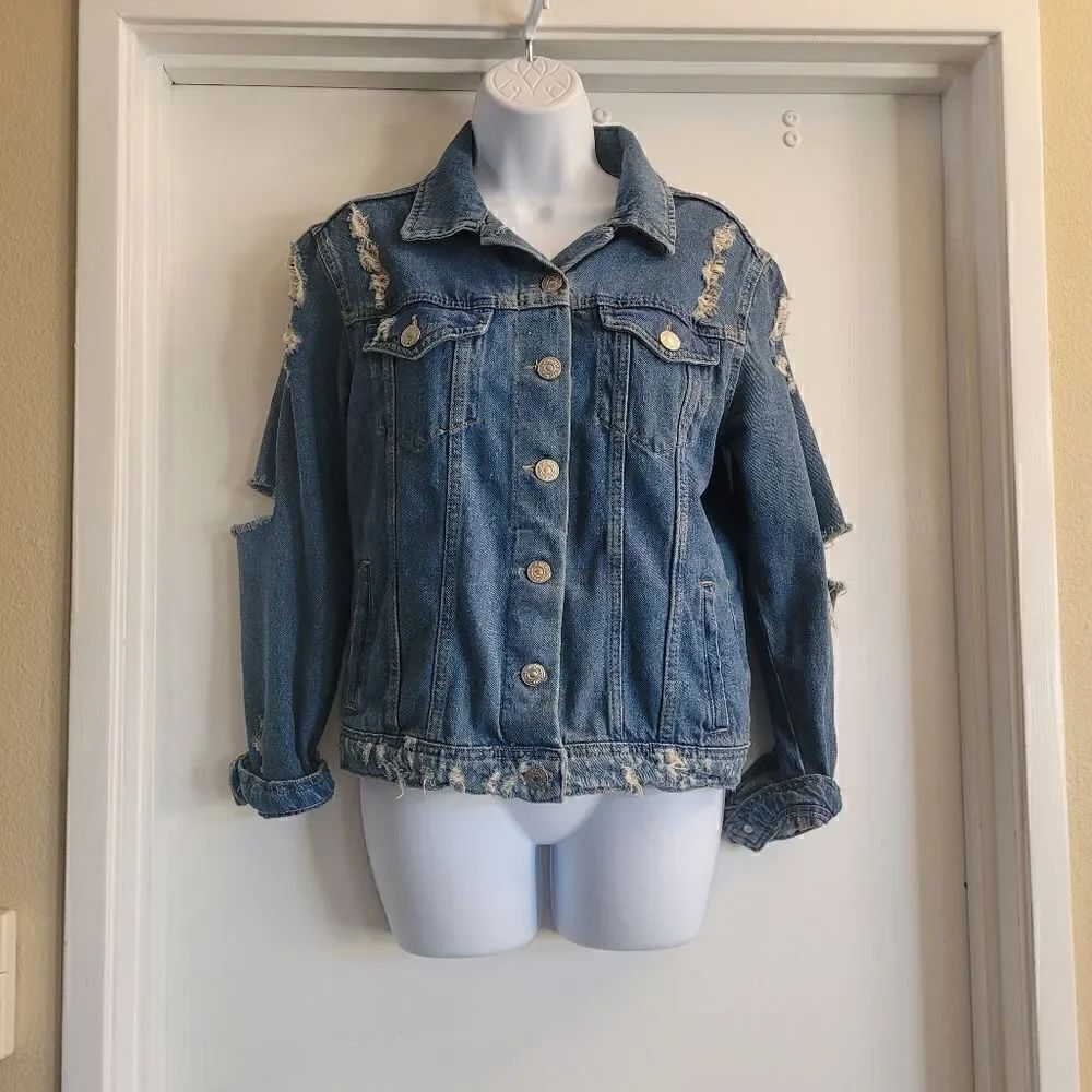 Forever 21 distressed open elbow jean denim jacket
